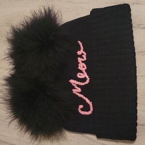 Kate Spade Black Hat with Pink 'Meow' and Pom Poms